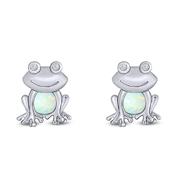 Frog Stud Earring Created White Opal Solid 925 Sterling Silver (12.5mm)